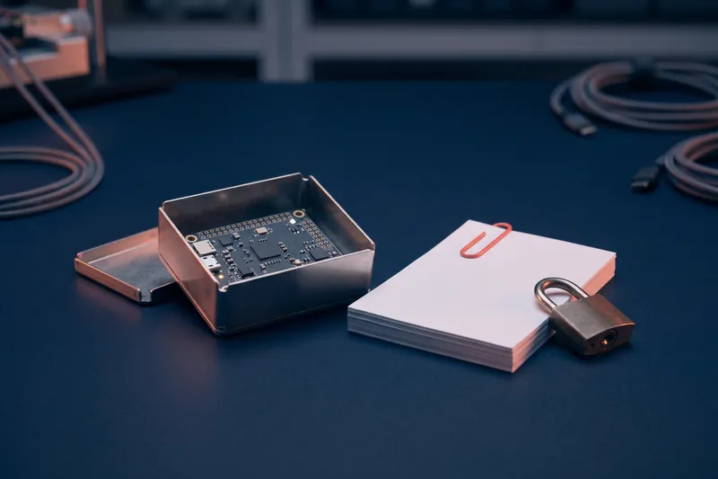 Carte électronique dans un boîtier de blindage, avec documents et cadenas