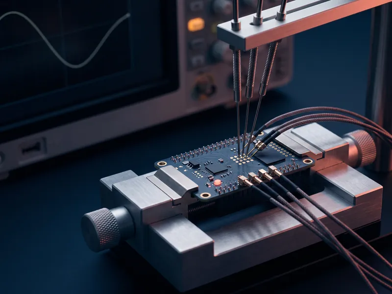 Banc de test : une carte électronique sondée par des pointes de test, reliée à un instrument de mesure