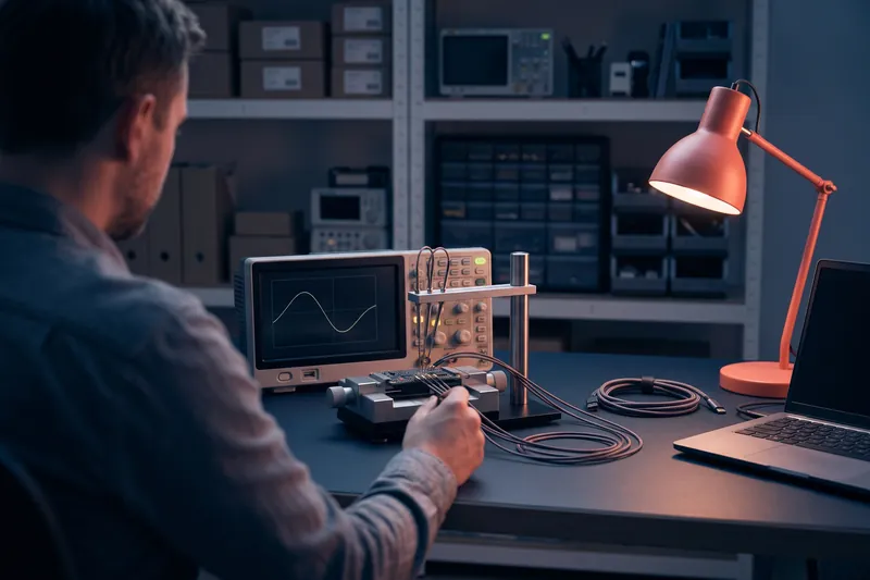 Poste de travail d'ingénieur électronique avec banc de test et oscilloscope
