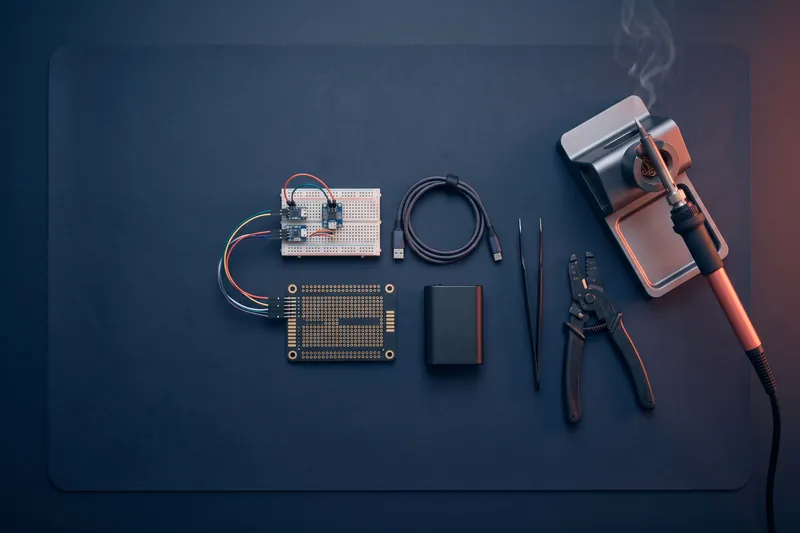 Établi avec un prototype électronique et ses outils