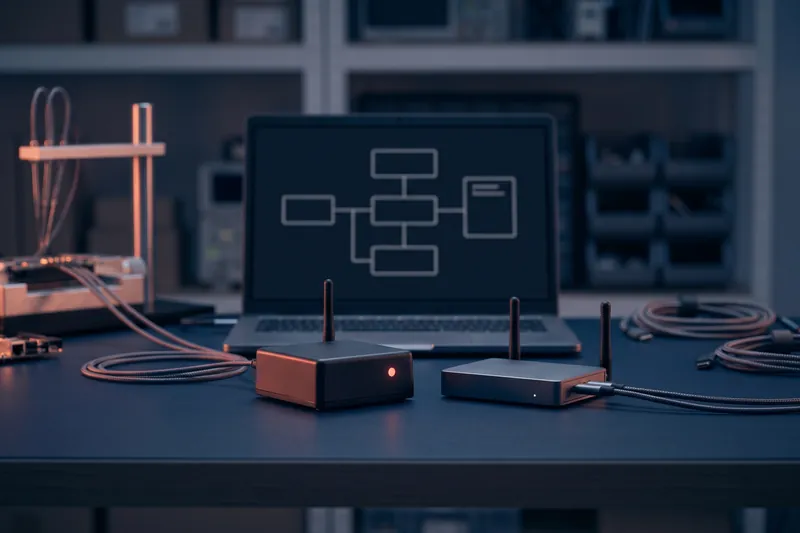 Objet connecté et passerelle radio devant un schéma d'architecture